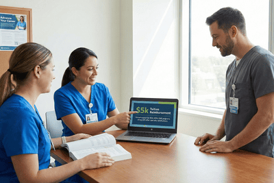 nurses around a table discussing tuition reimbursement